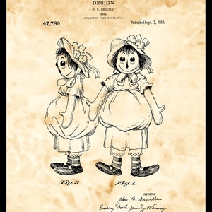 Raggedy Ann Doll Patent Print 1915, Children's Decor, Technical Illustration, Vintage Doll Blueprint, Gift Idea, Toy Patent,INSTANT DOWNLOAD