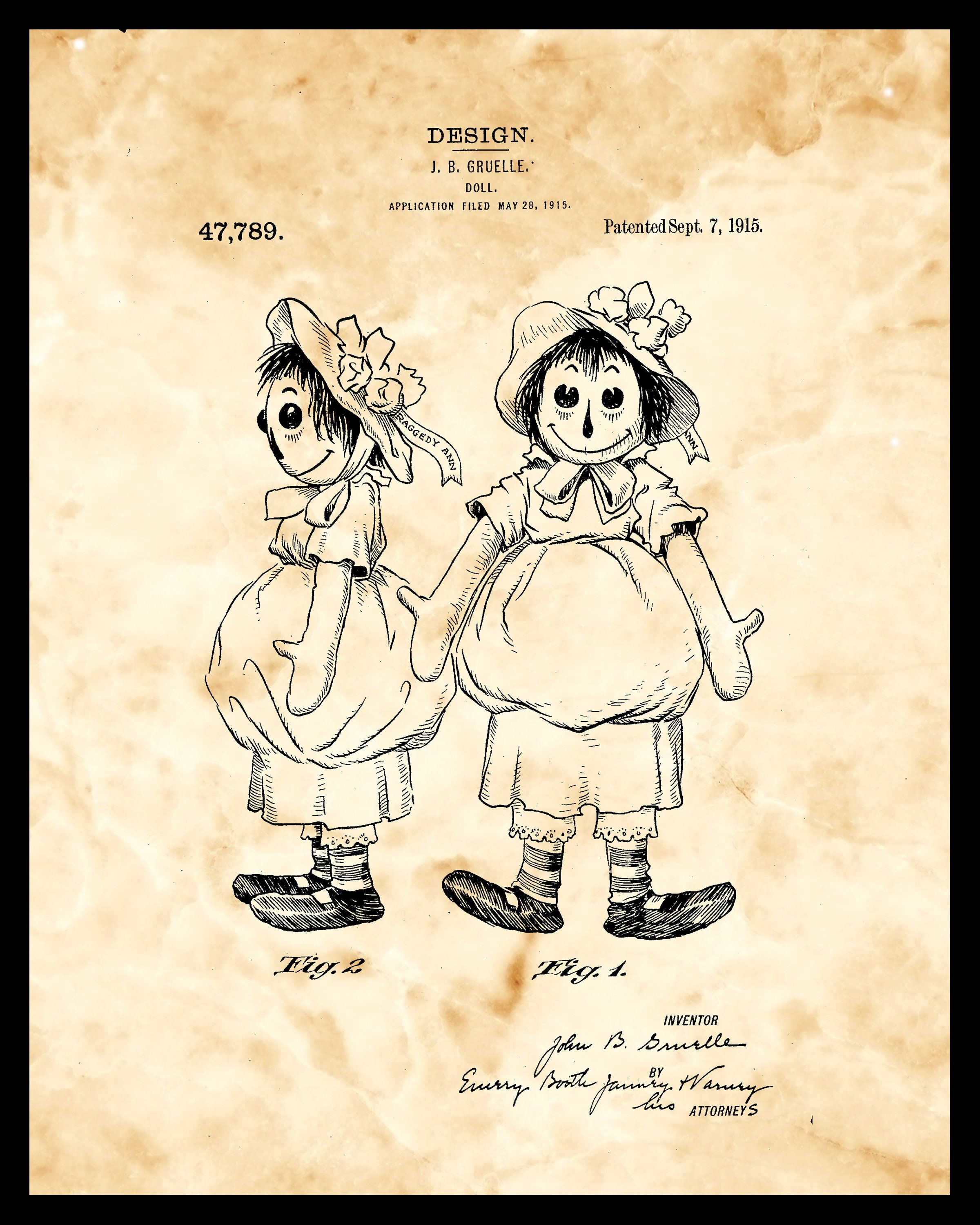 Raggedy Ann Doll Patent Print 1915, Children's Decor, Technical