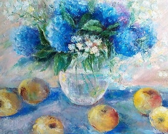 Floral Painting-still life of a bouquet and apples-Palette Knife-handmade-home decor-wall paintings for living room- apples painting