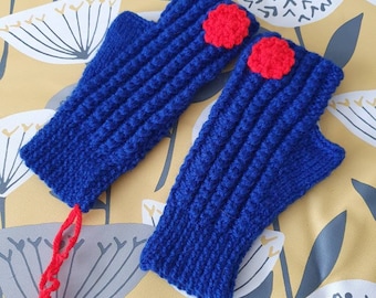 Blaue fingerlose Handschuhe, handgefertigt mit einem Vintage Muster Größe M-L für Frauen.