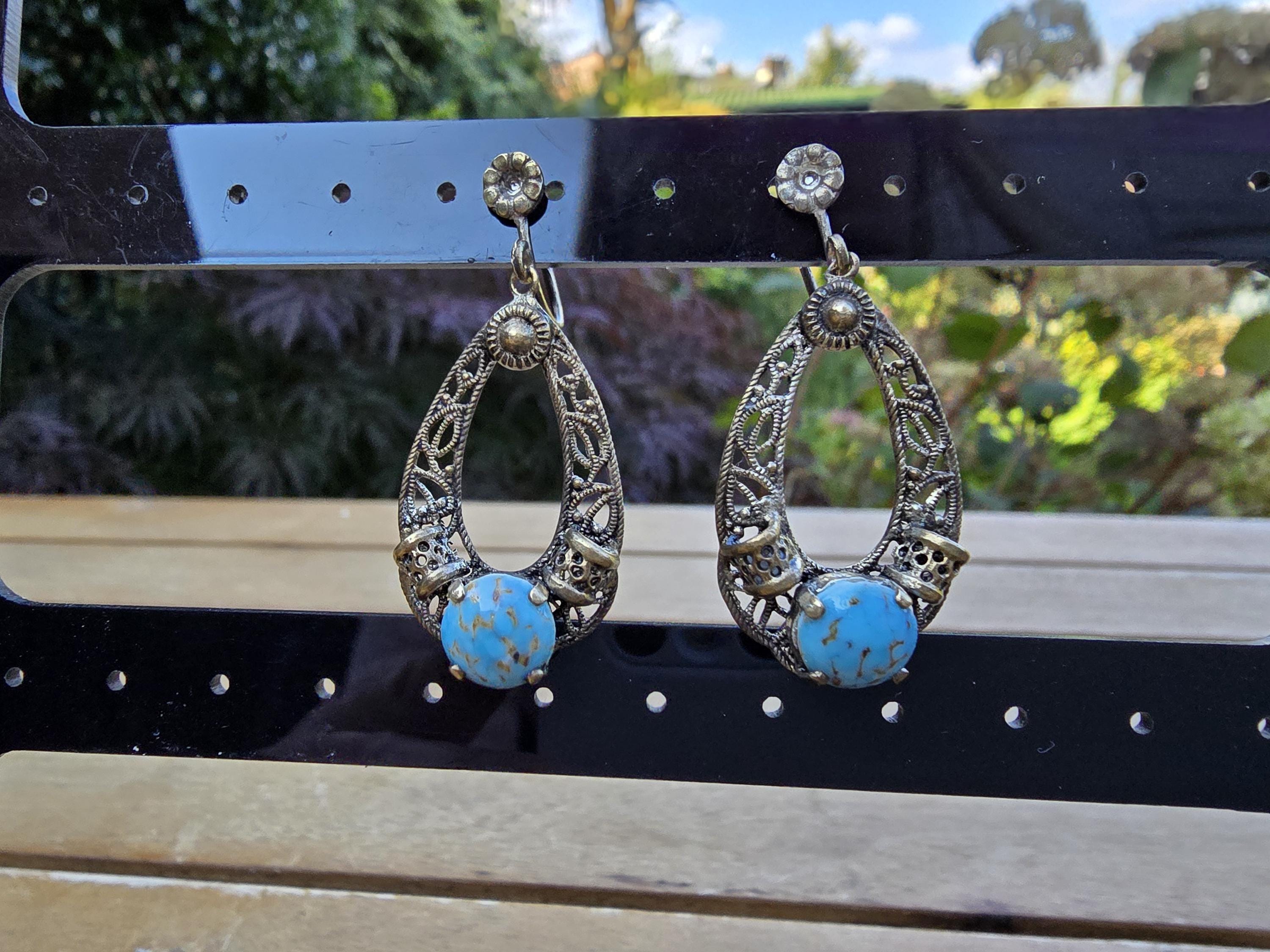 Boucles D'Oreilles Vintage à Vis - Ancien Bijou Argenté Avec Nacre, Très Bon État