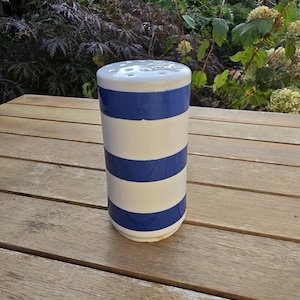 May include: A white ceramic flower vase with blue stripes. The vase has a round opening at the top with multiple holes for flowers.