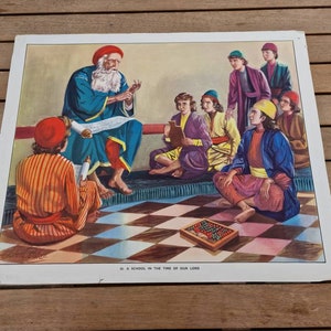 Impresión o póster vintage 'Una escuela en el tiempo de nuestro Señor' ilustrado originalmente por John L Baker.