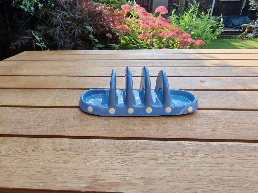 Vintage Toast Rack, Blue With White Spots by Pottery. Made