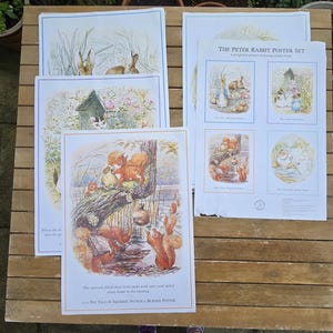 May include: A collection of vintage Peter Rabbit posters and prints. The set includes illustrations of squirrels, rabbits, and other woodland creatures in a classic storybook style. The posters feature text from the original stories.