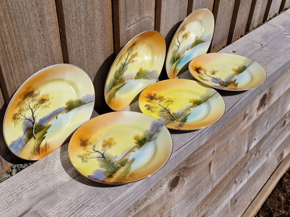 Antique Noritake Side Plate: Hand-painted Sunset Tree Design
