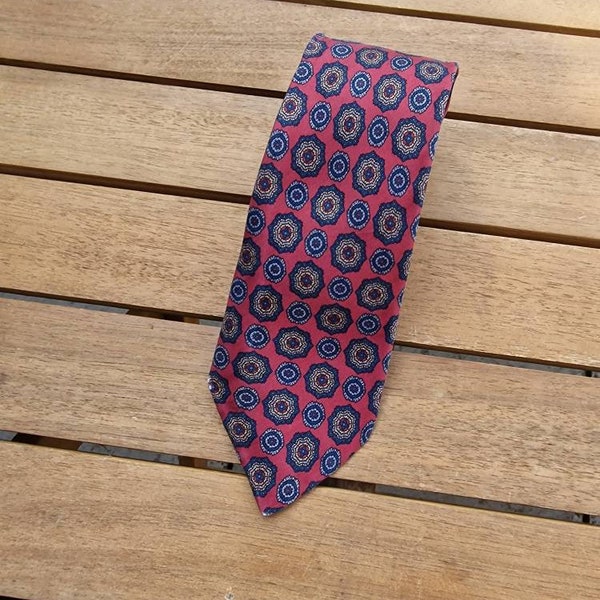 Vintage men's silk tie, red with a blue design. St Michael for Marks and Spencer