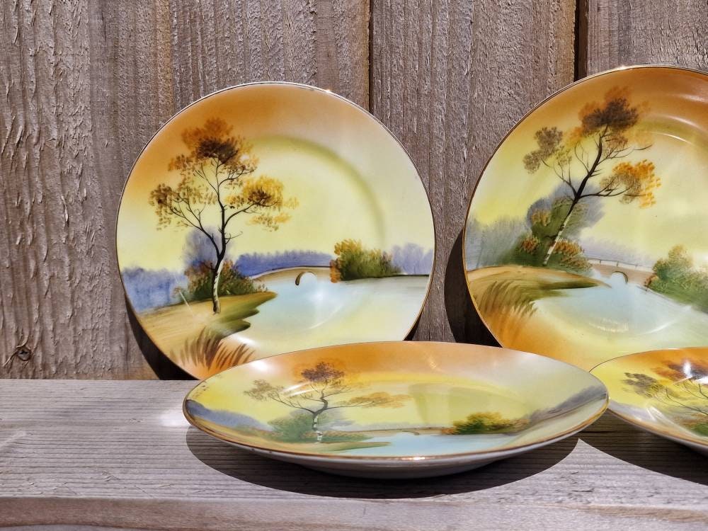 Antique Noritake Side Plate: Hand-painted Sunset Tree Design