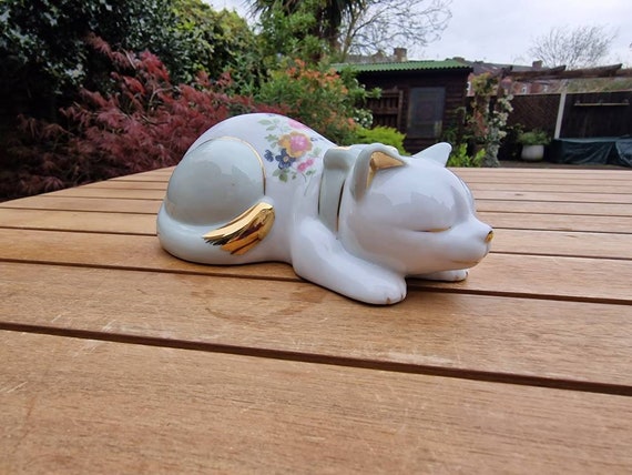 Vintage Royal Crest Sleeping Cat Figurine, With Floral Design and