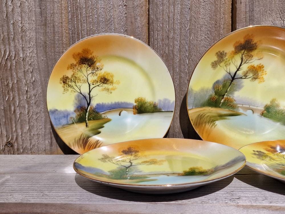 Antique Noritake Side Plate: Hand-painted Sunset Tree Design