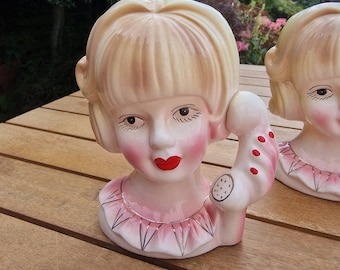 One Lady Head Vase, girl with phone design individually available. Modern reproduction.