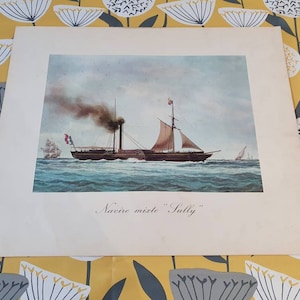 Impresión o póster vintage 'Navire Mixte Sully' buque de guerra en el mar por Antoine Roux 1963