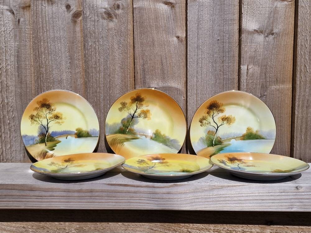 【レア】 Noritake 装飾品タイル Antique Noritake Side Plate: Hand-painted Sunset Tree Design
