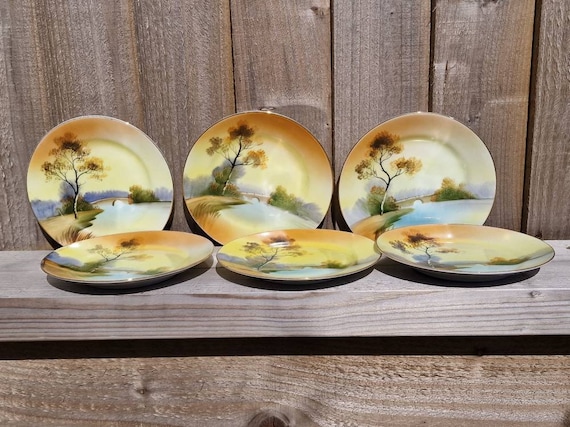 Antique Noritake Side Plate: Hand-painted Sunset Tree Design