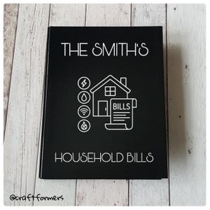 May include: A black box with white text and graphics. The top reads "THE SMITH'S" above a house icon with utility symbols and a "BILLS" document. The bottom reads "HOUSEHOLD BILLS". The @craftformers logo is in the bottom left corner.