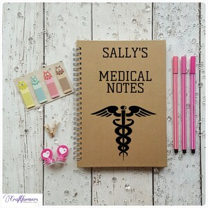 Puede incluir: Una libreta espiral marr&oacute;n con el texto "SALLY'S MEDICAL NOTES" y un s&iacute;mbolo m&eacute;dico negro. La libreta est&aacute; sobre una superficie de madera blanca con bol&iacute;grafos rosas y notas adhesivas de colores.