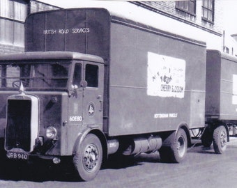 black and white lorry photo, British Road Services, Leyland 4 wheel box van & dolly trailer, JRB 940, 6x4 ins, gift for him