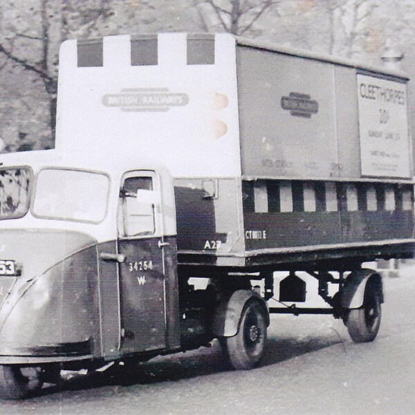 black and white lorry photo, British Railways, Scammell Scarab artic box trailer, MLL 453, 6x4 inches, gift for him