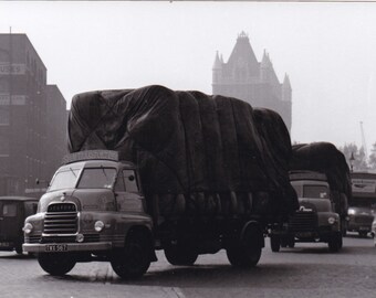 black and white lorry photo, Spen Transnport, Bedford S type 4 wheel rigid flat, TWX 567, 5.5x3.5 ins, gift for him