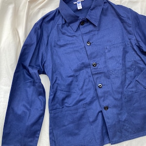 Gender neutral vintage real workwear utility indigo blue cotton canvas jacket blazer work medium 70&#39;s relaxed style