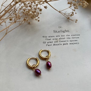 Colourful iridescent natural freshwater pearl earrings tarnish free handmade gold plated stainless steel hoops mini huggies slow jewelry