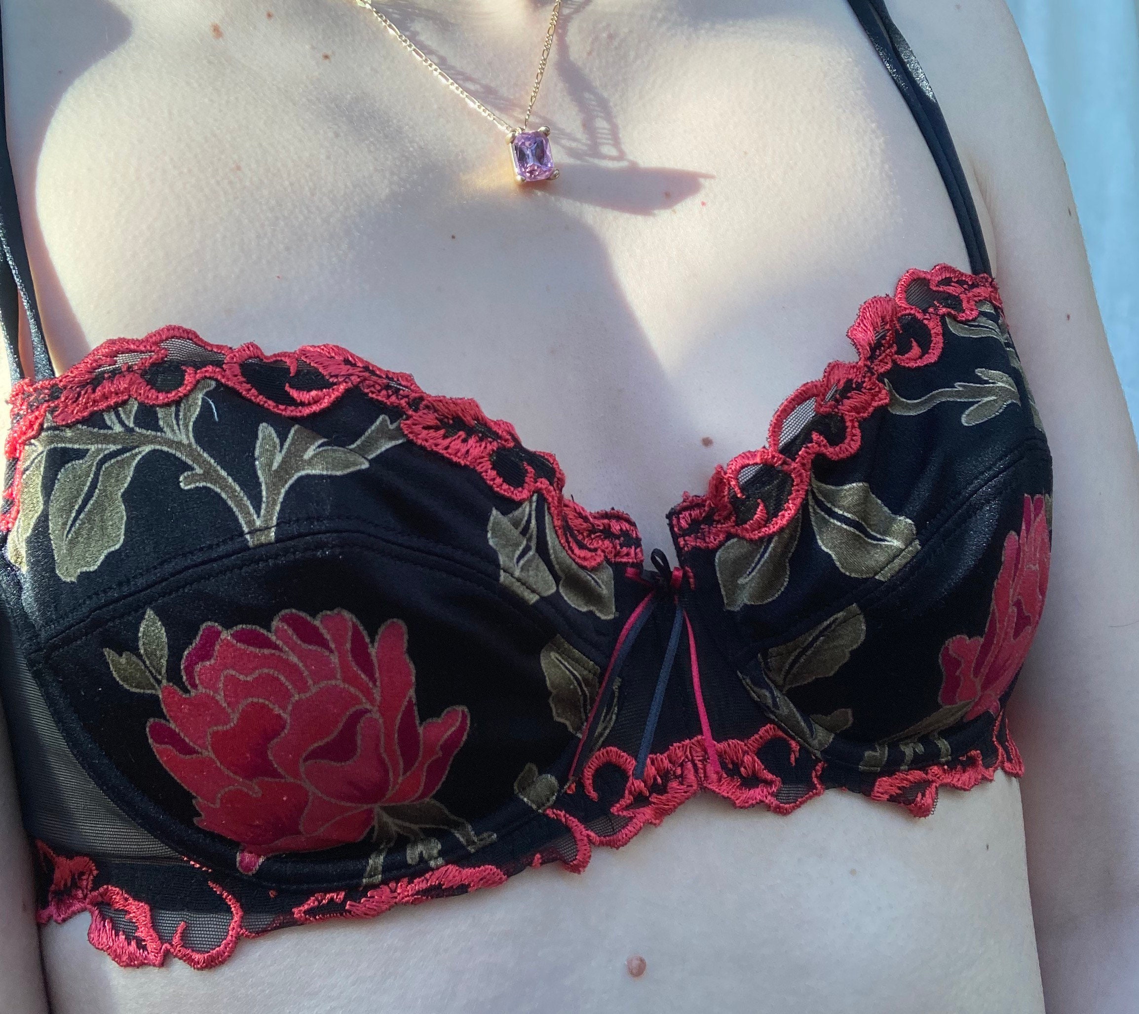 Vintage 90s 1990's Black Red Rose Floral Embroidered Lace French Designer  Lise Charmel Bra Ruffled Romantic Sexy 80B 36B La Perla Style 