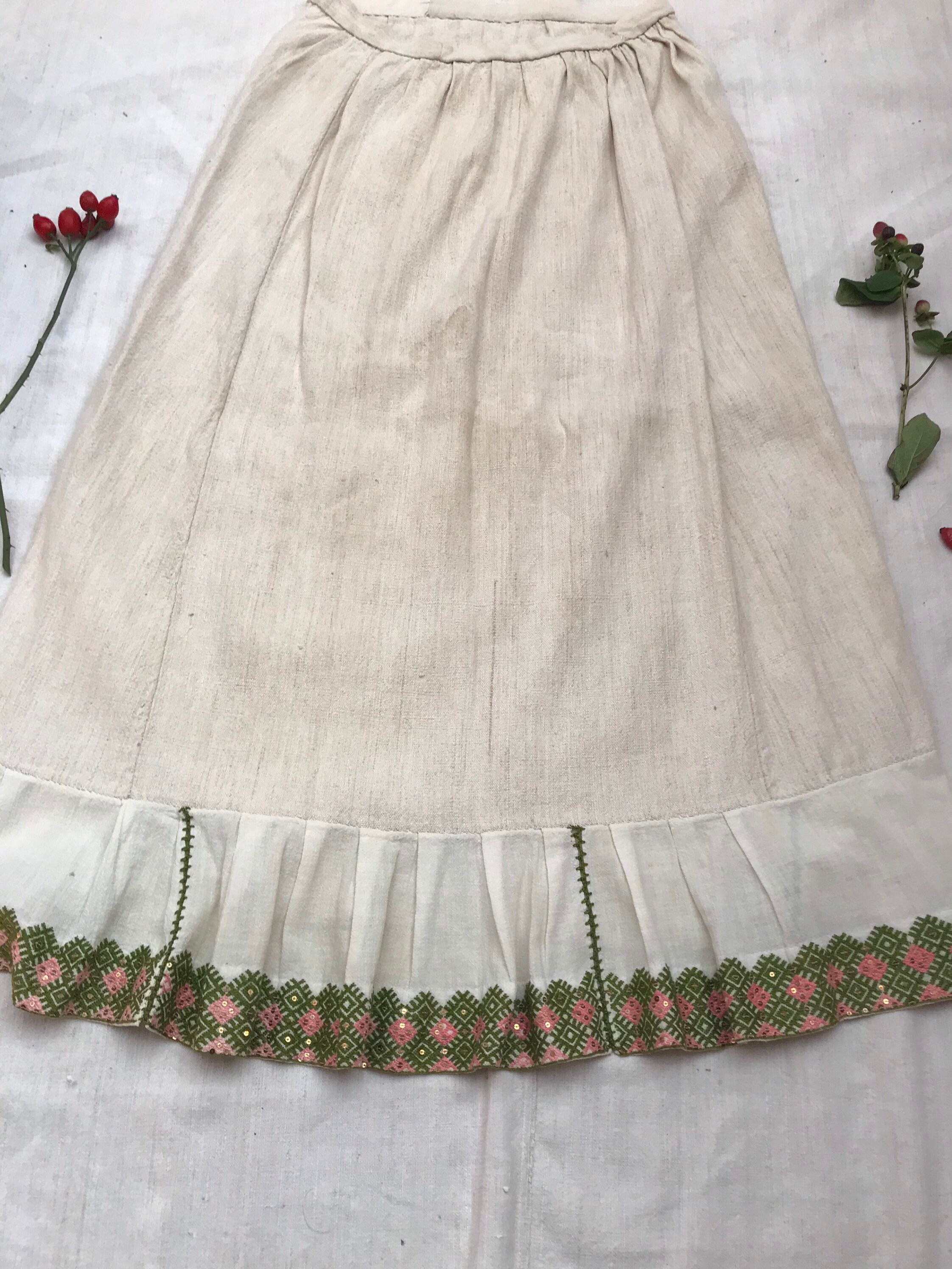 Antique Embroidered Linen Peasant Skirt, Eastern European Folk