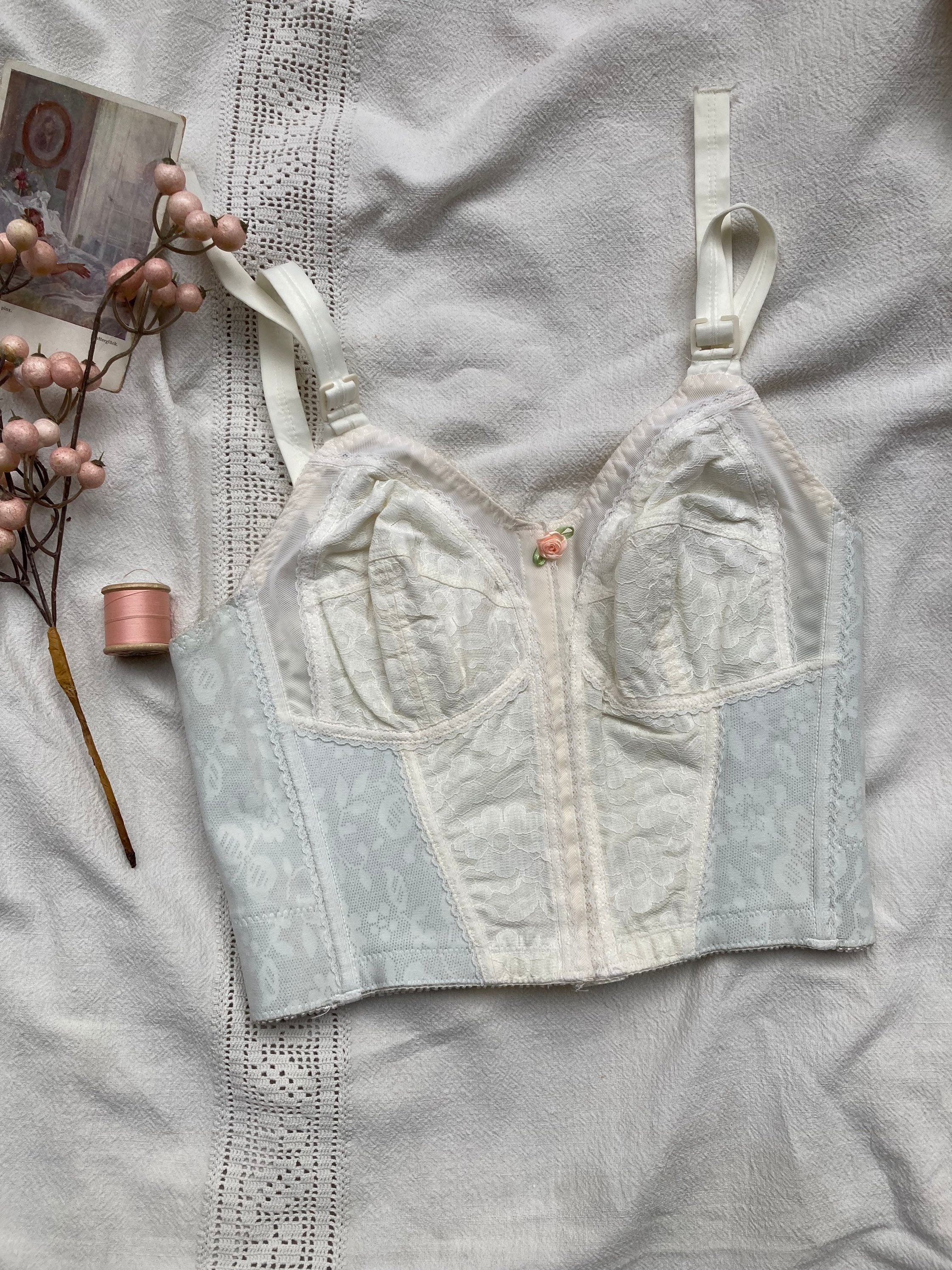 Queen Anns Lace LINEN Hand Embroidered Natural Longline Bra Corset 