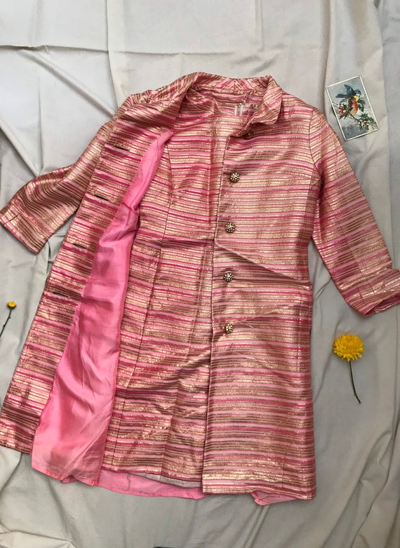 Silk cashmere wool lurex pink gold striped stripe… - image 2