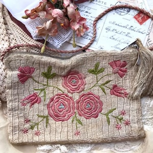 Antique hand embroidered silk pouch evening bag clutch Hungarian edwardian 1900&#39;s belle epoque floral rare vintage tassel cord purse