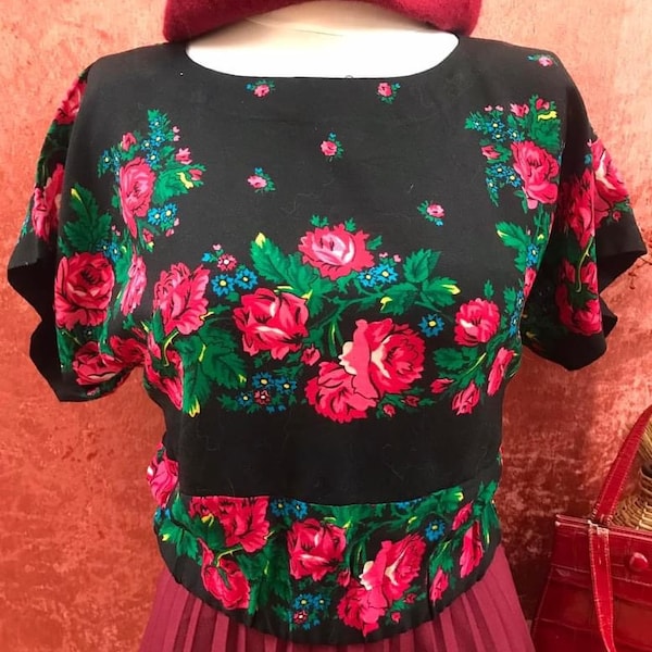 Hungarian Eastern European romani gypsy folk peasant cashmere scarf style rose floral black blouse top vintage handmade