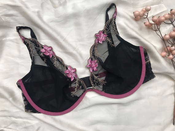 Pretty Black Mesh and Fuschia Pink Magenta Embroidered Designer Bra 80DD  Large Cup Size Bra Lace 36DD Double D Underwire Lingerie Vintage -   Canada