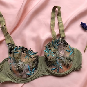 Vintage handmade designer deadstock khaki green embroidered underwire bra 90s supermodel small 85B 36B mesh sexy floral lingerie