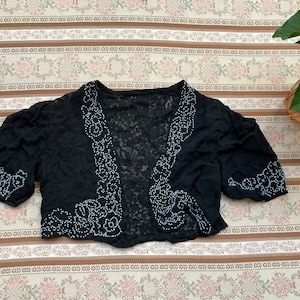 Schwarze spitze vintage bolero floral silber glas perlen 1930er 30s party xs top kurzarm whimsigothic ungarisch handgemacht soft art deco