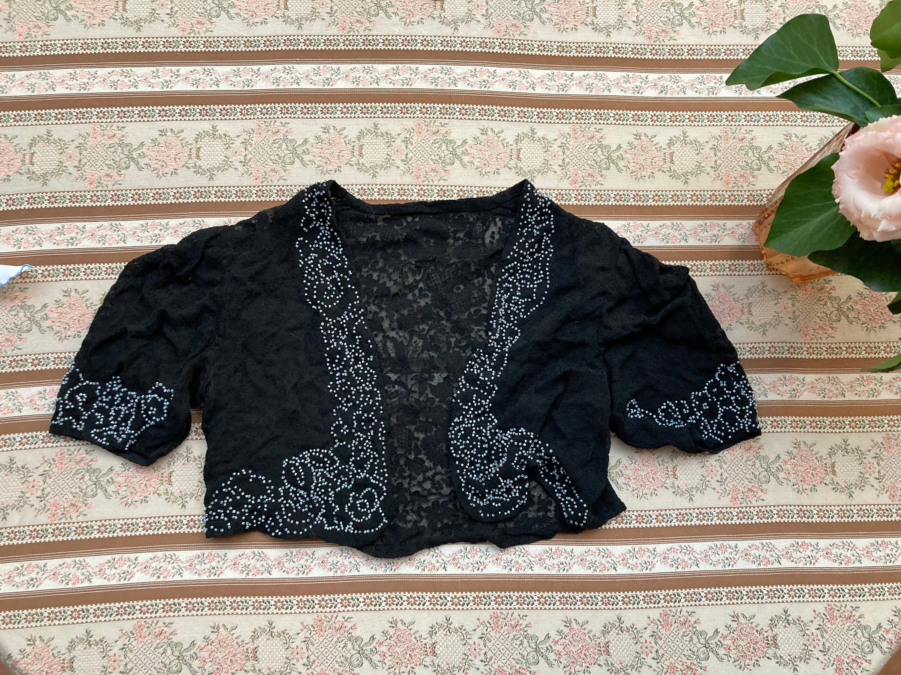 トップス vintage lace bolero Black Lace Vintage Bolero Floral Silver Glass Beaded 1930's