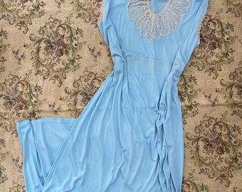 Vintage 40s 50s silk blend slip dress lace baby blue pastel cream lace nightgown nightie lingerie large plus size elastic honeymoon 1950s