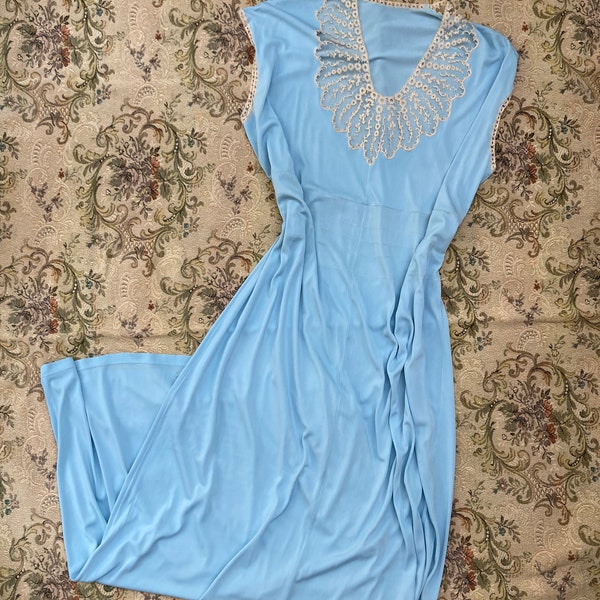 Vintage 40s 50s silk blend slip dress lace baby blue pastel cream lace nightgown nightie lingerie large plus size elastic honeymoon 1950s