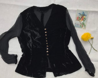 Vintage 30s 40s pure silk velvet black chiffon bakelite button top blouse peplum blazer party evening handmade art deco gold
