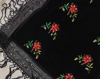 Antique Hungarian silk velvet tassel headscarf scarf piano shawl small rare folk peasant museum embroidered floral black vintage rare 30s