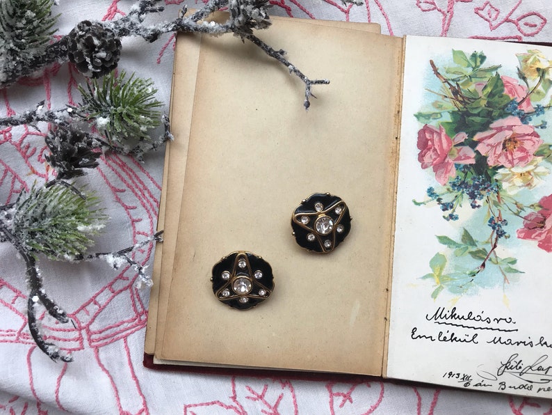 1980/'s vintage avant garde art deco black gold enamel clip on earrings with rhinestones geometric chic french fashion designer statement