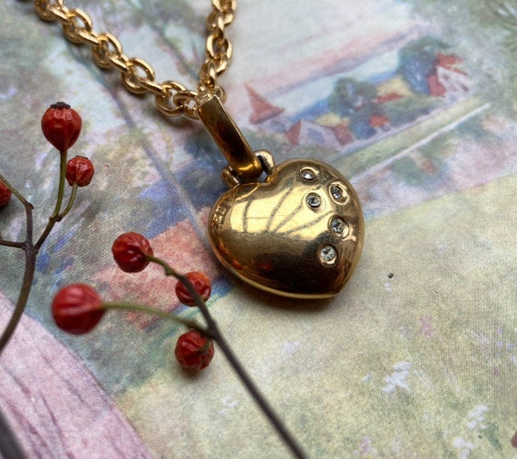 ★VINTAGE HOLLYWOOD★ l heart Necklace Gold Plated Loveheart Rhinestone 1980's Heart Charm Pendant