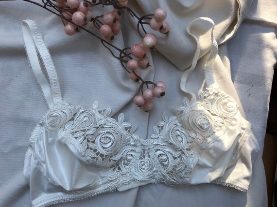 Vintage White Satin and Floral Ivory Lace Soft Bra 70B 75B French Italian  70s 80s Small Butterfly Bridal Wedding Honeymoon Cream Lingerie 