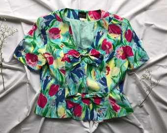 Vintage diseñador 80s colorido floral arco blazer botón superior francés rouje estilo chaqueta romántica riviera equipada pintura de manga corta