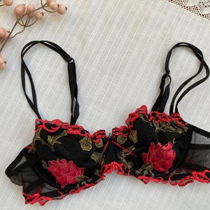Vintage 90s 1990's black red rose floral embroidered lace french designer lise charmel bra ruffled romantic sexy 80B 36B la perla style