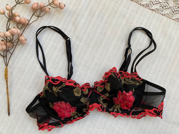 Vintage 90s 1990's Black Red Rose Floral Embroidered Lace French