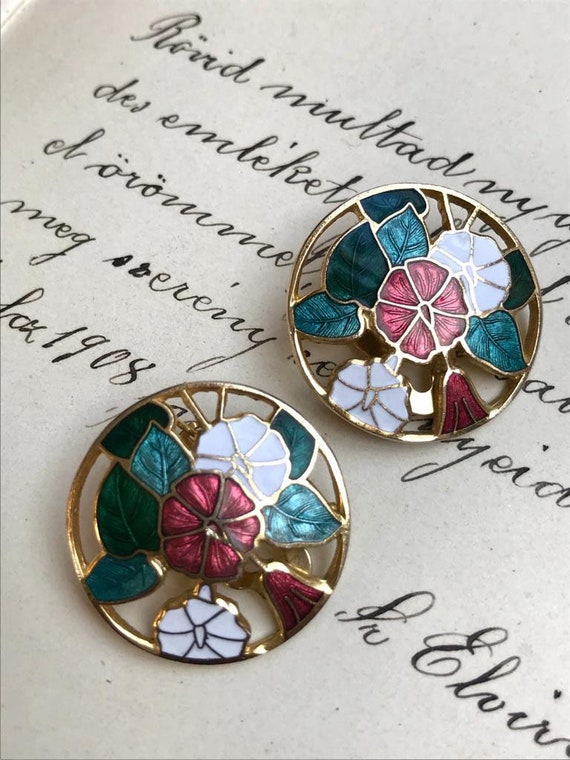 Vintage enamel Cloisonné clip on earrings floral a
