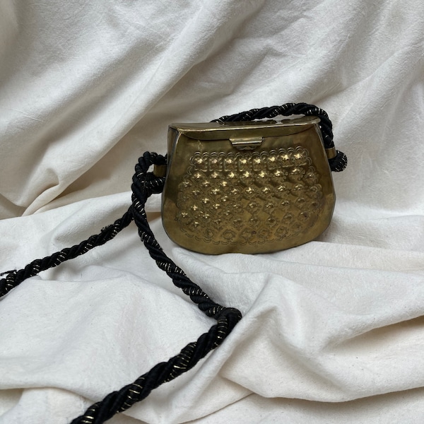 Brass evening bag etched embellished rope shoulder party vintage 1960's gold metal red velvet purse handmade rare clutch decadent art deco