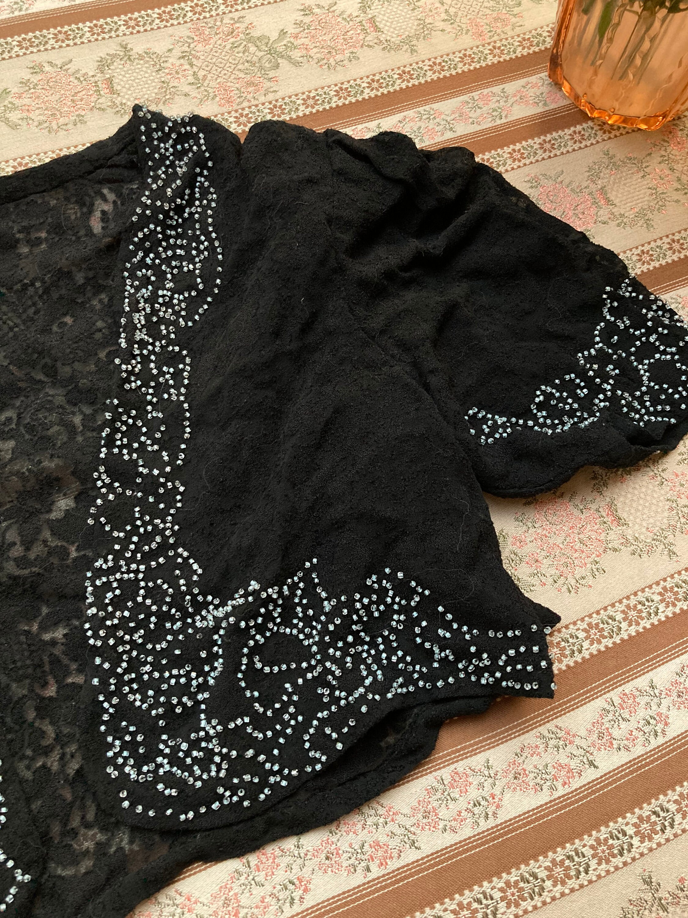 Black Lace Vintage Bolero Floral Silver Glass Beaded 1930's