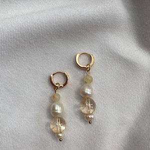 Yellow murano lampwork glass gold hoop earrings real freshwater baroque pearl vintage designer couture summer glitter amber huggies handmade