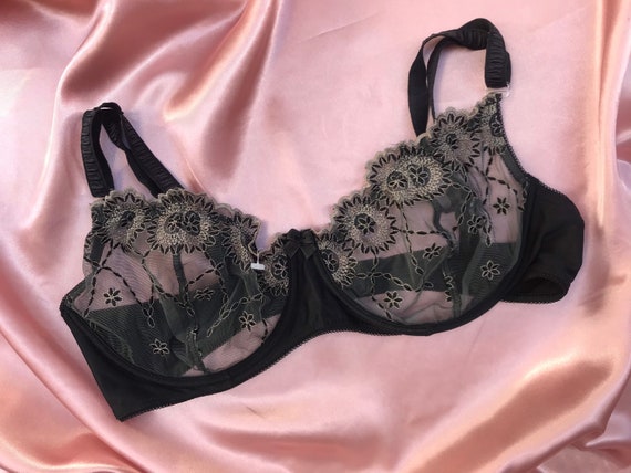 Vintage Deadstock 80s 90s Handmade Black Cream Lace Embroidered Soft  Underwire Bra Large 90D 40D Size Sexy Romantic French La Perla Style 